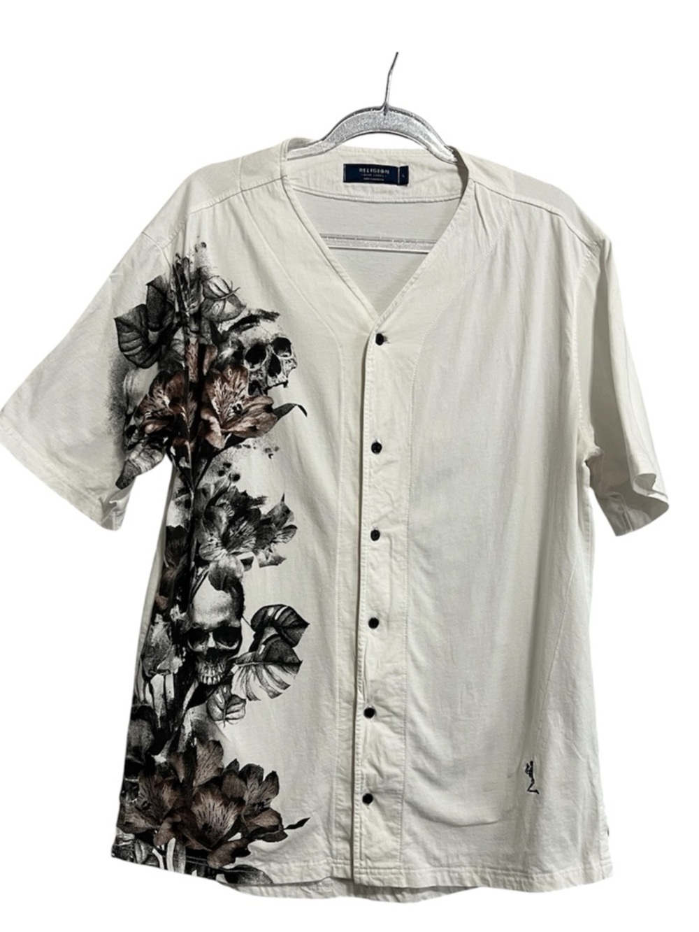 Religion White Button Front Tee with Floral Skull Print Praying Skeleton Size L